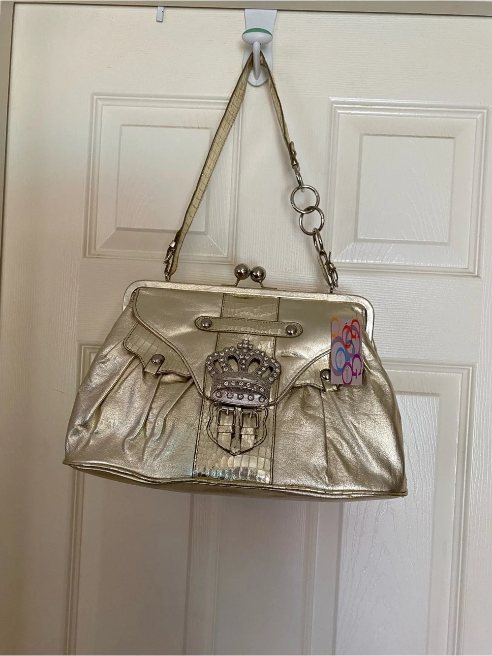 Metallic Gold Crown-Embellished Women’s Shoulder Bag